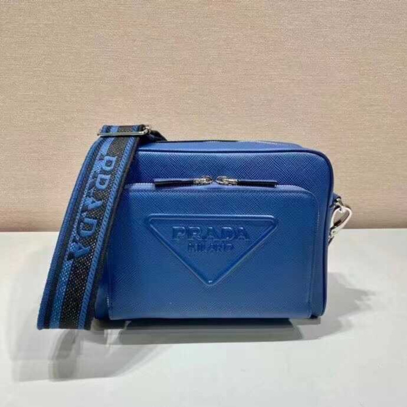 Pra*a saffiano logo embossed leather shoulder bag blue