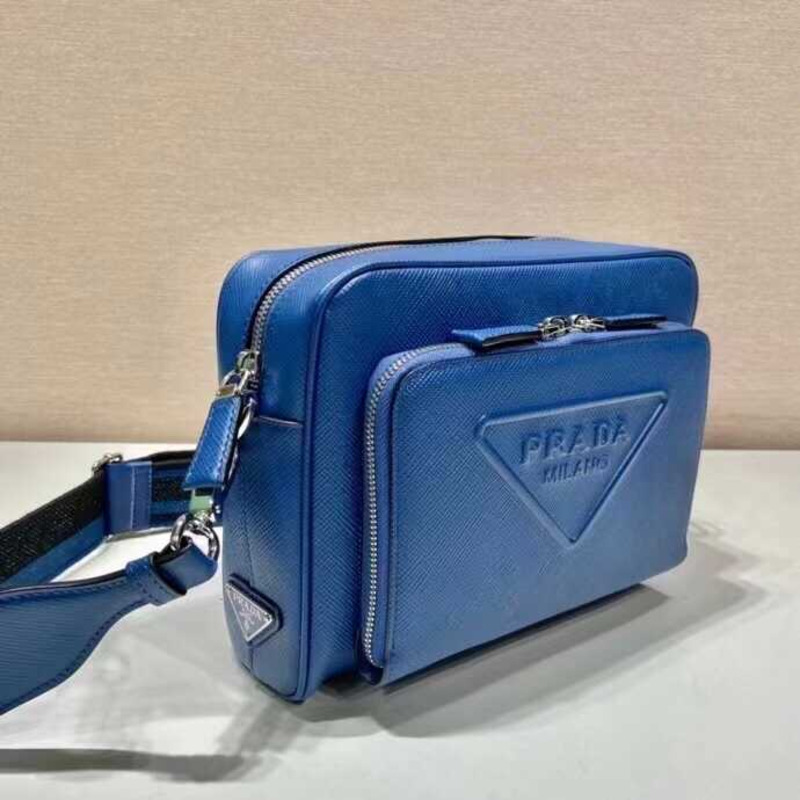 Pra*a saffiano logo embossed leather shoulder bag blue