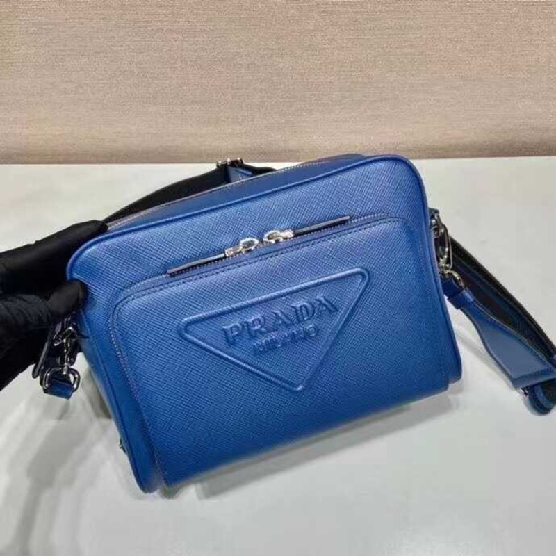 Pra*a saffiano logo embossed leather shoulder bag blue