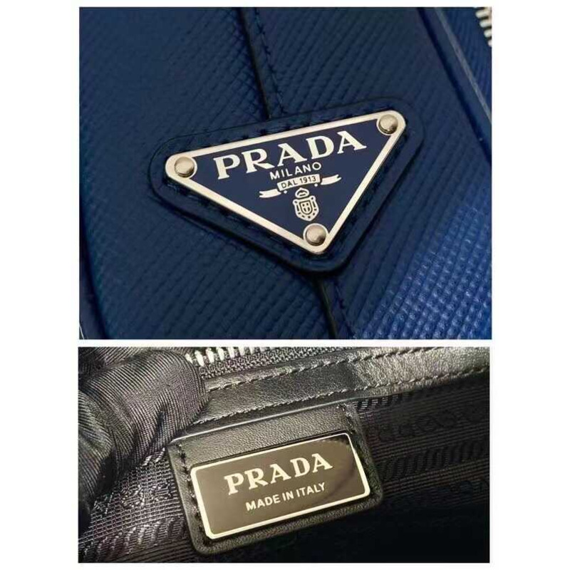 Pra*a saffiano logo embossed leather shoulder bag blue