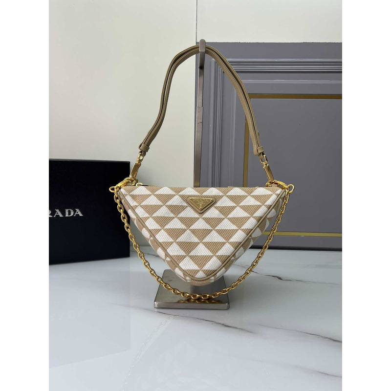 Pra*a symbole leather and fabric mini bag beige&white