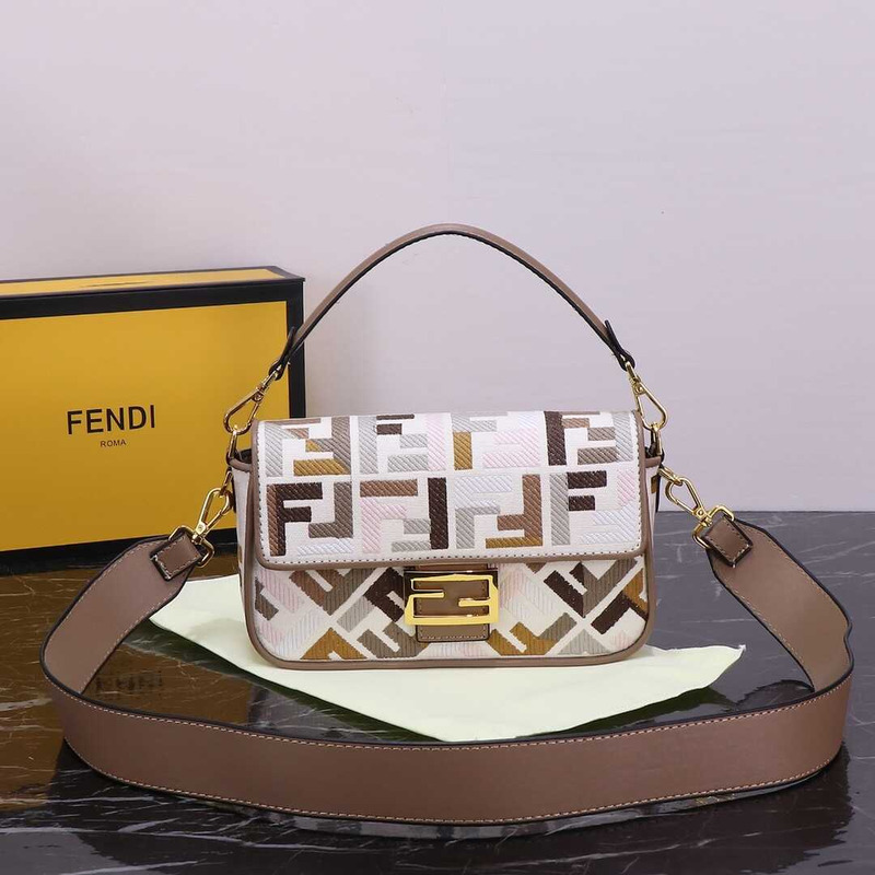 F**di baguette mini bag denim with ff embroidery beige