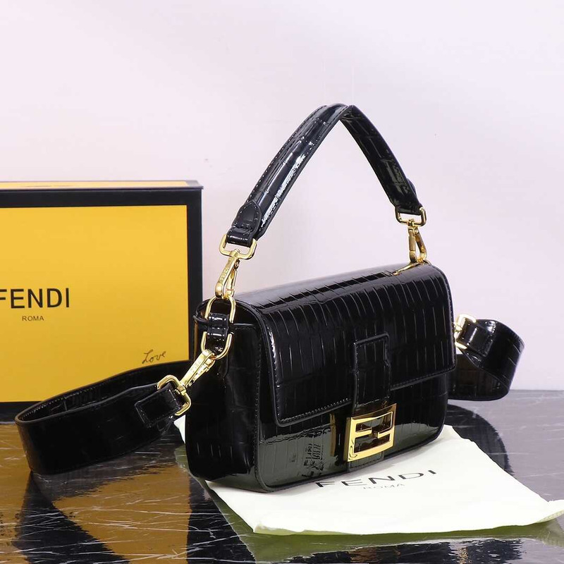 F**di baguette handbag crocodile leather black