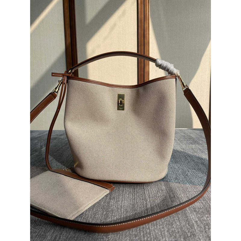 Ce**e bucket 16 bag in textile and calfskin in tan_white