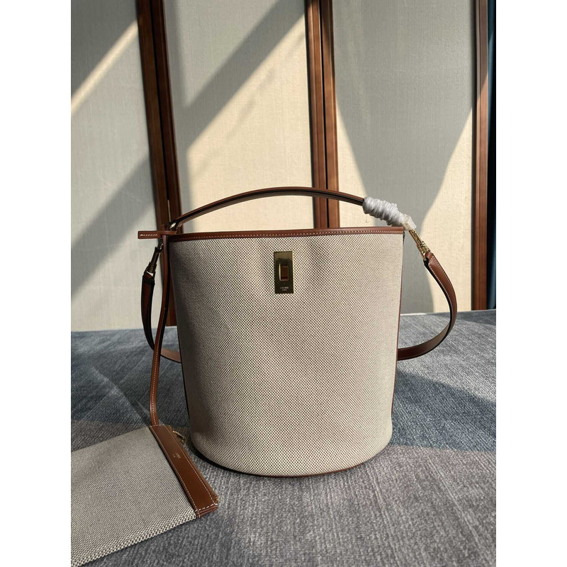 Ce**e bucket 16 bag in textile and calfskin in tan_white