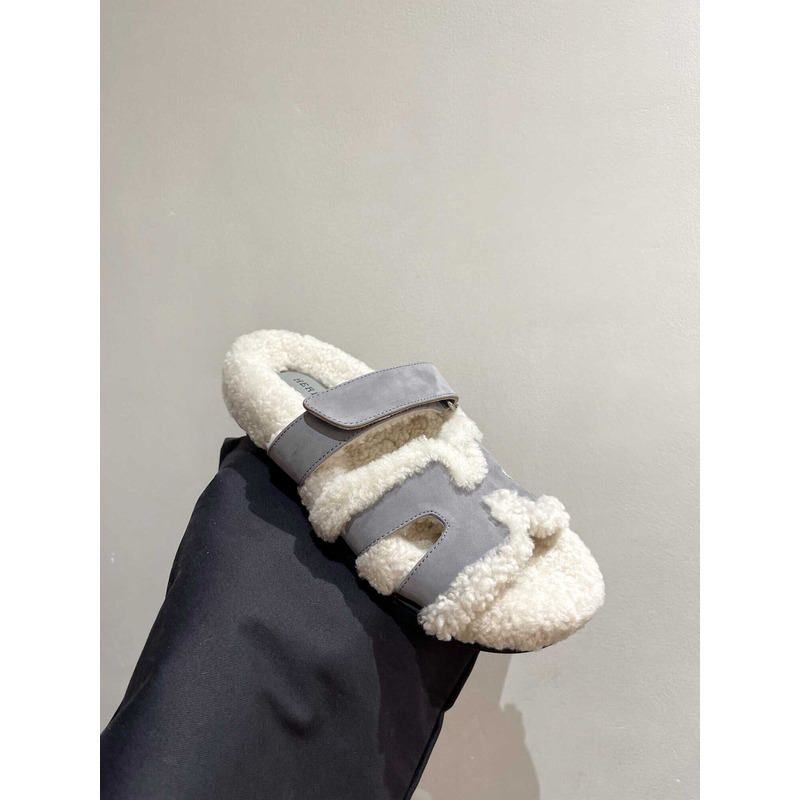 H**mes sandals with fur gray and white