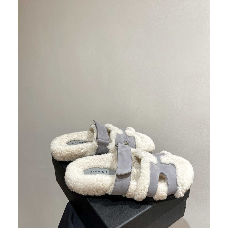 H**mes sandals with fur gray and white