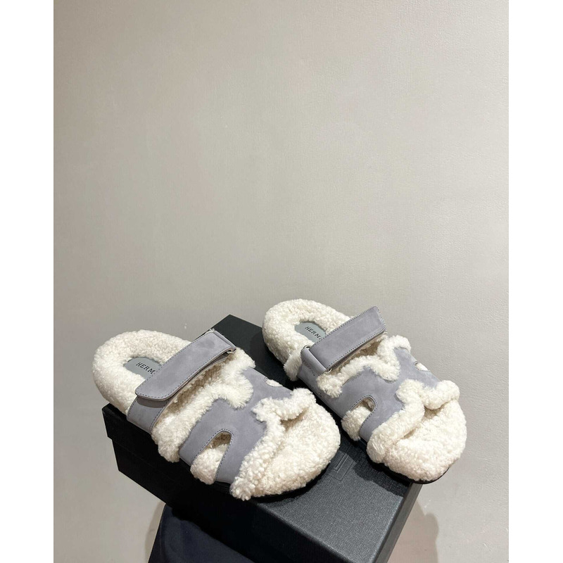 H**mes sandals with fur gray and white