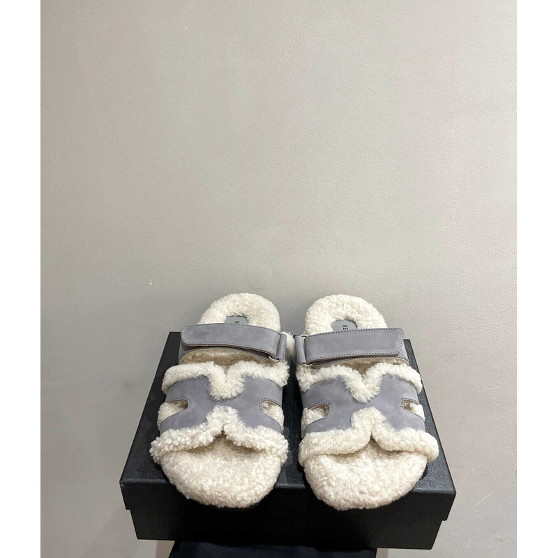 H**mes sandals with fur gray and white