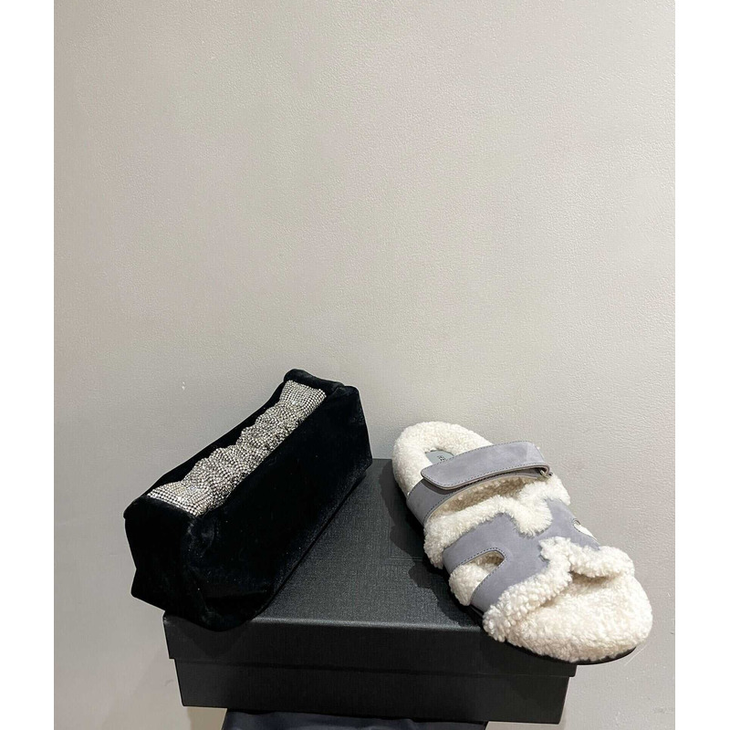 H**mes sandals with fur gray and white