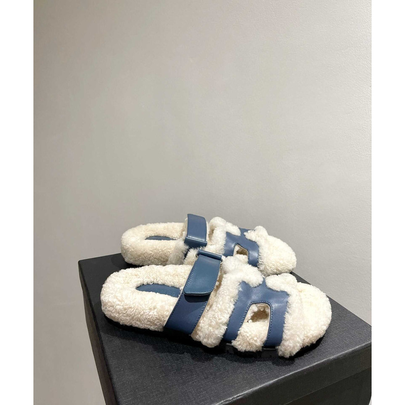 H**mes sandals with fur blue and white