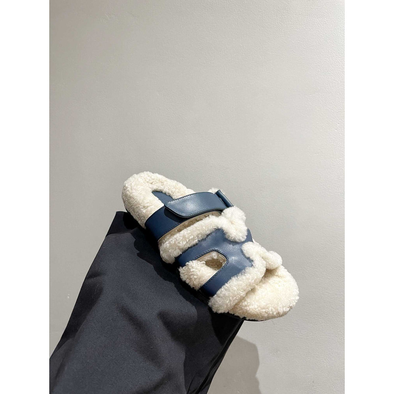 H**mes sandals with fur blue and white