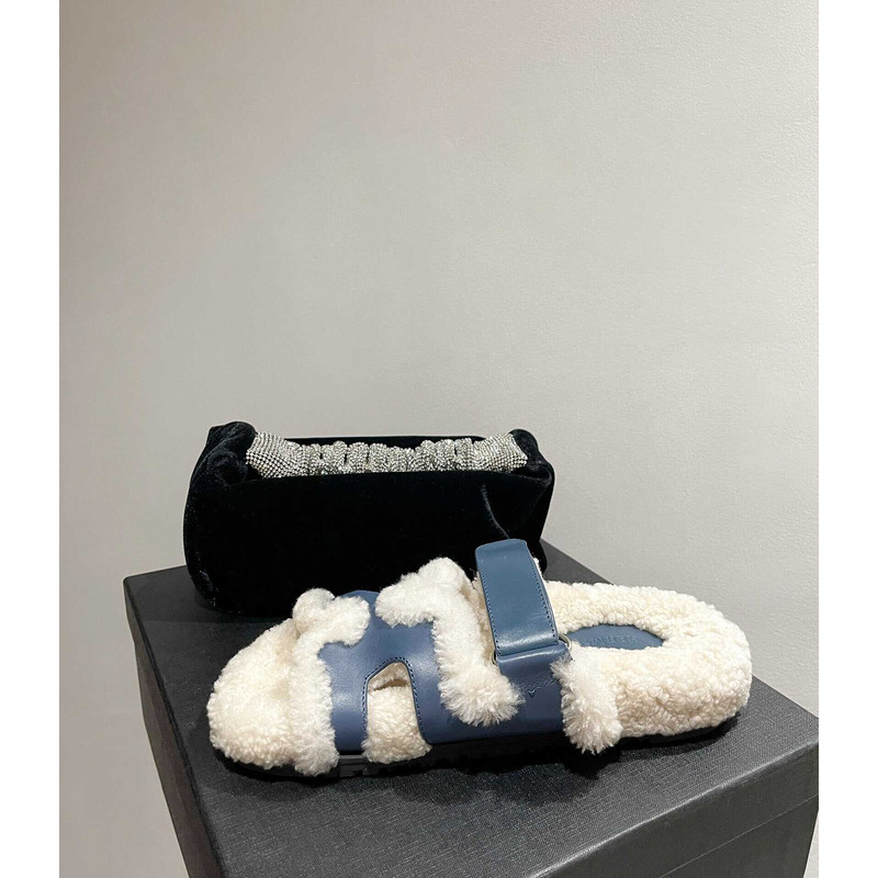 H**mes sandals with fur blue and white