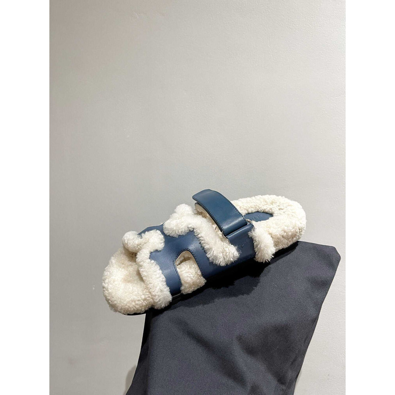 H**mes sandals with fur blue and white