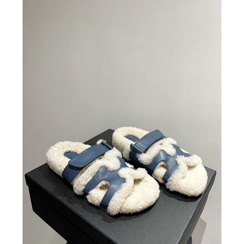 H**mes sandals with fur blue and white