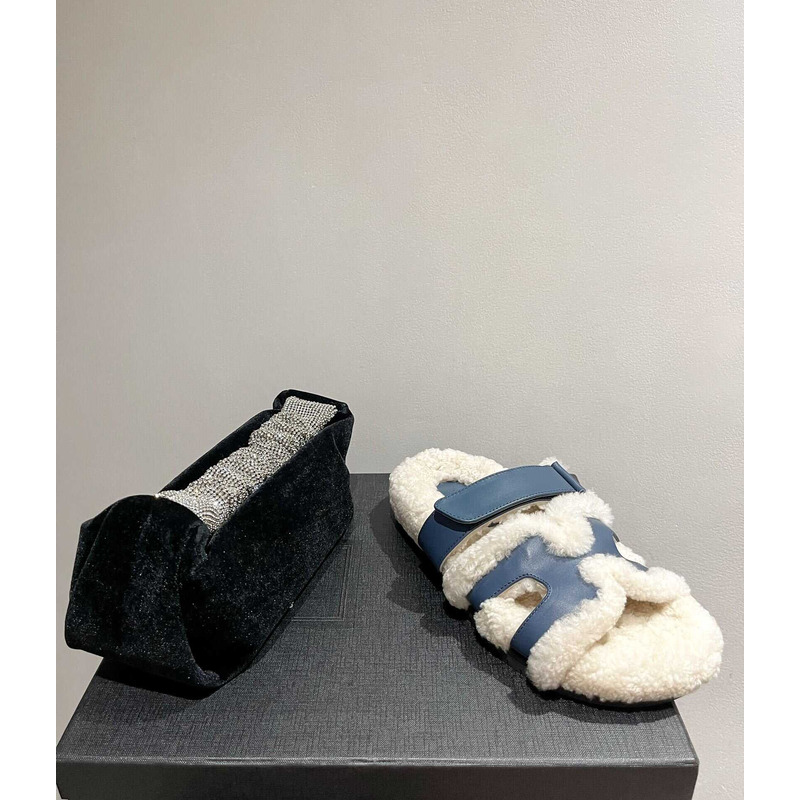 H**mes sandals with fur blue and white