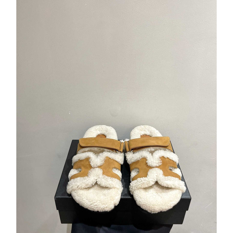 H**mes sandals with fur brown and white