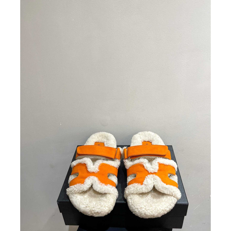 H**mes sandals with fur orange and white