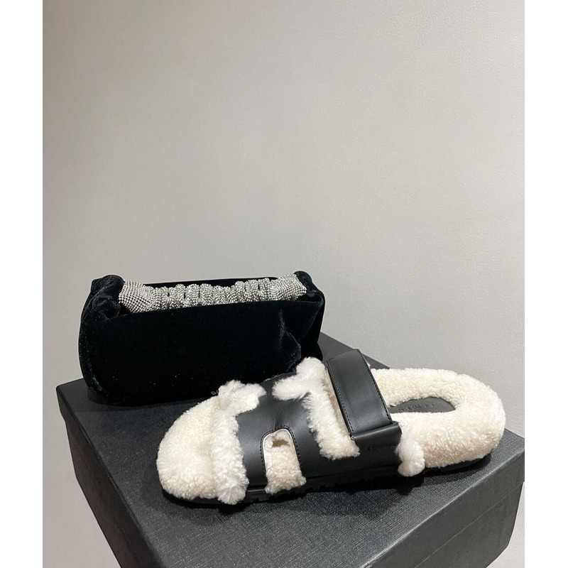 H**mes sandals with fur black and white