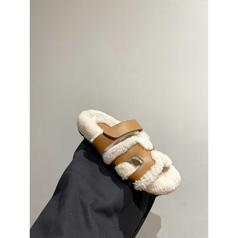 H**mes sandals with fur yellow and white