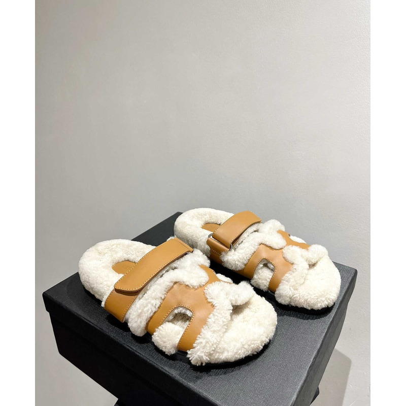 H**mes sandals with fur yellow and white