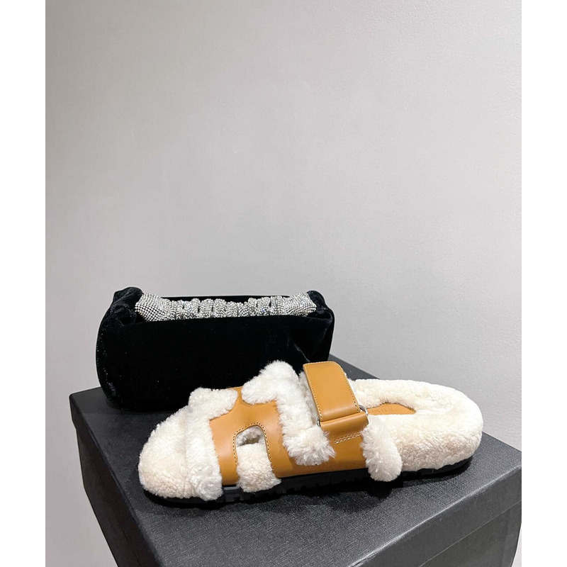 H**mes sandals with fur yellow and white