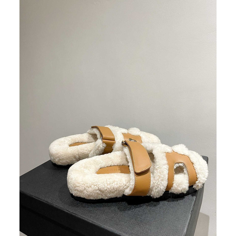 H**mes sandals with fur yellow and white