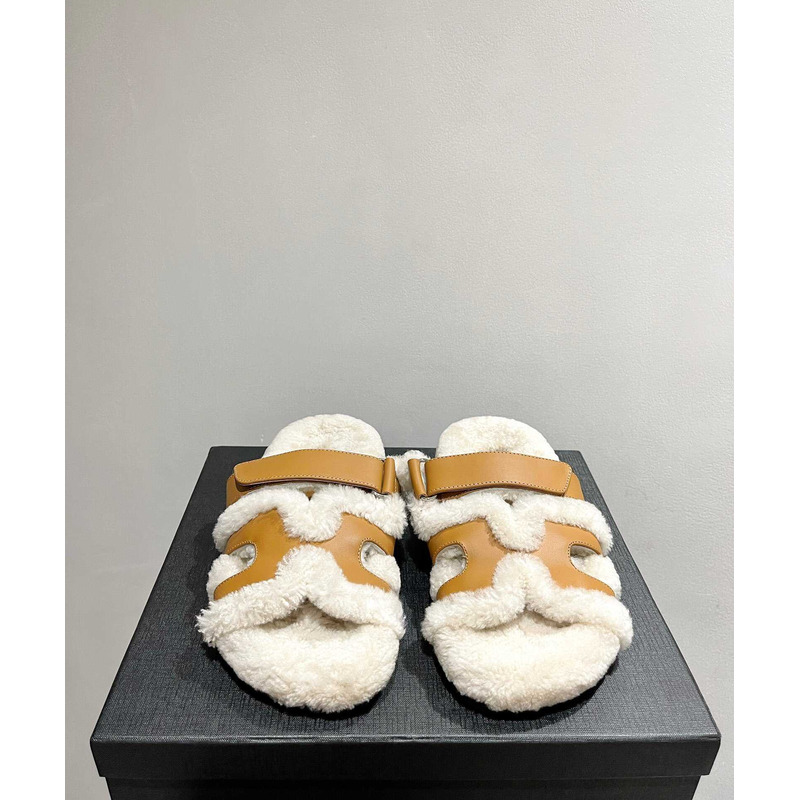 H**mes sandals with fur yellow and white