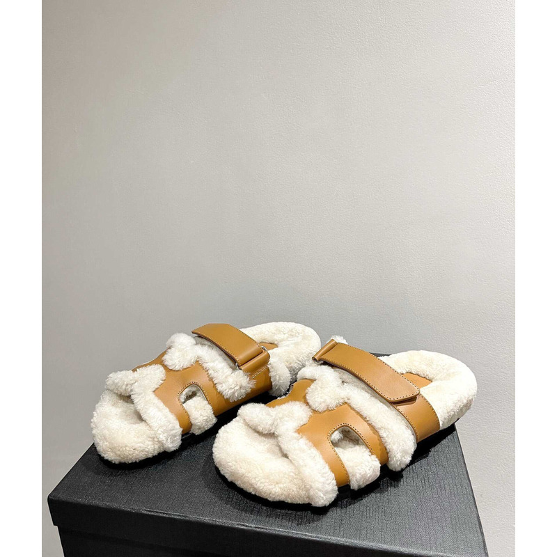 H**mes sandals with fur yellow and white