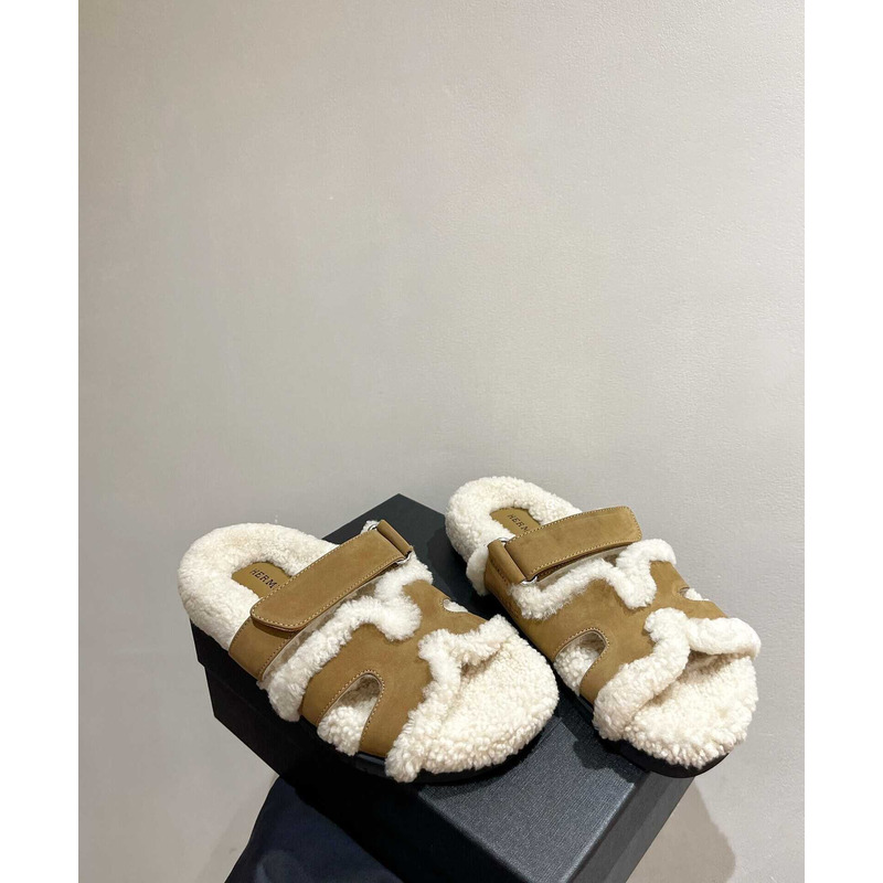 H**mes sandals with fur army green and white