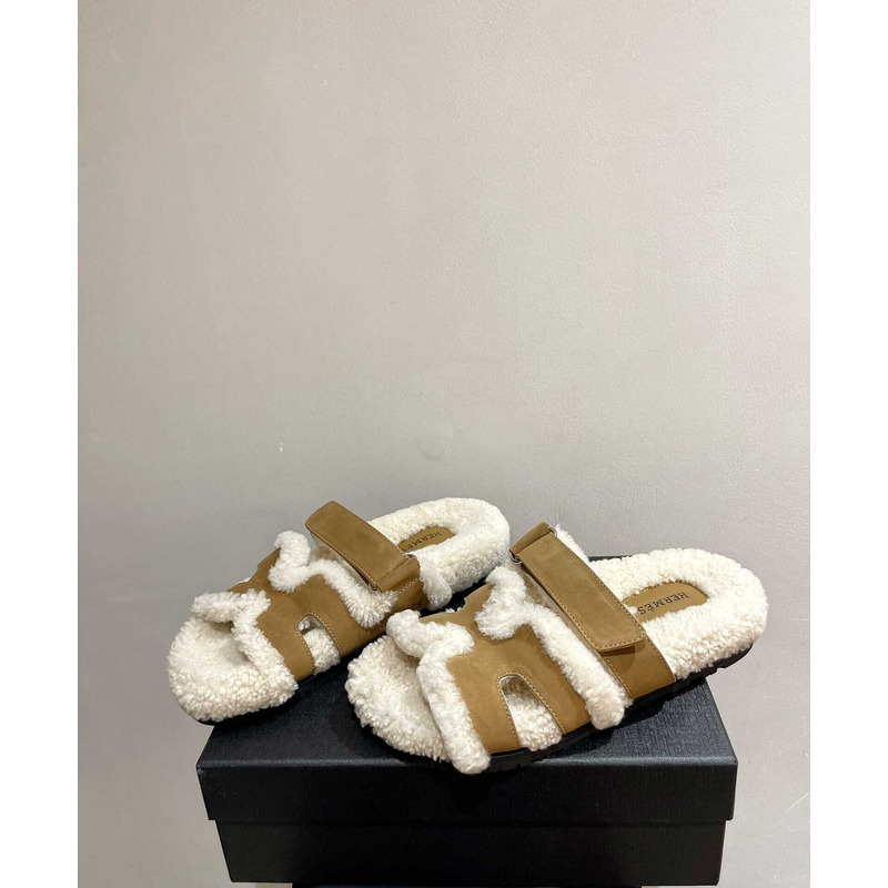 H**mes sandals with fur army green and white