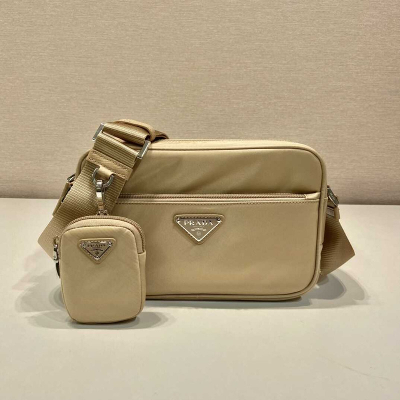 Pra*a logo plaque shoulder bag beige