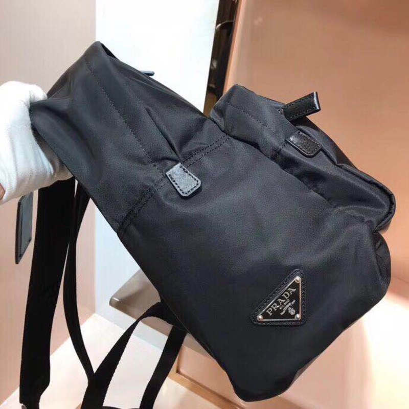 Pra*a triangle logo embellished nylon backpack black