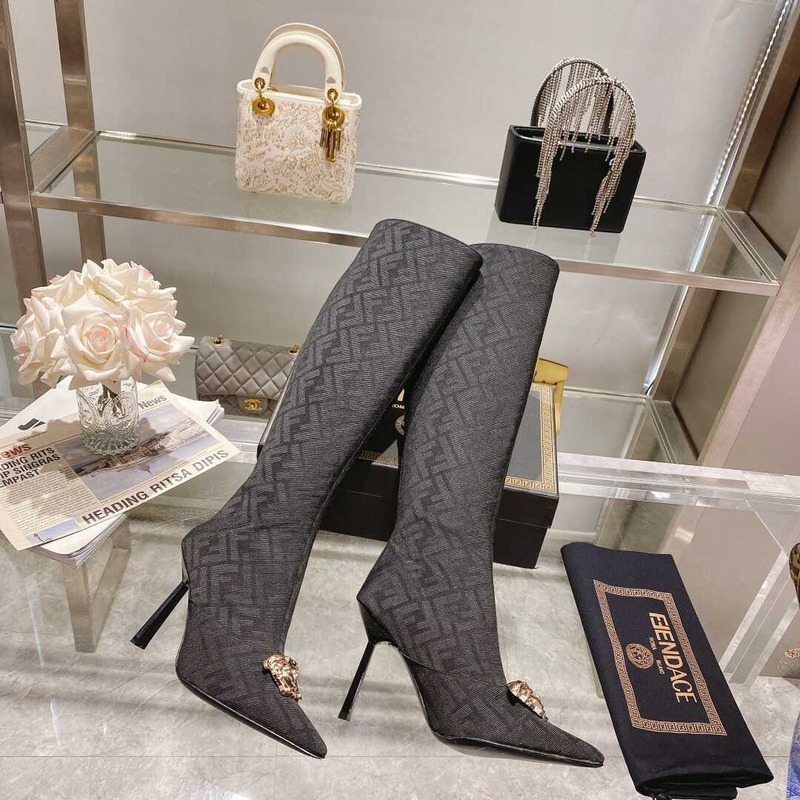 F**di fendace ff jacquard long boots black