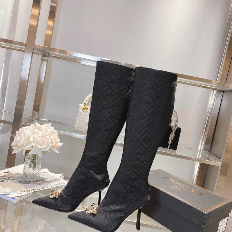 F**di fendace ff jacquard long boots black