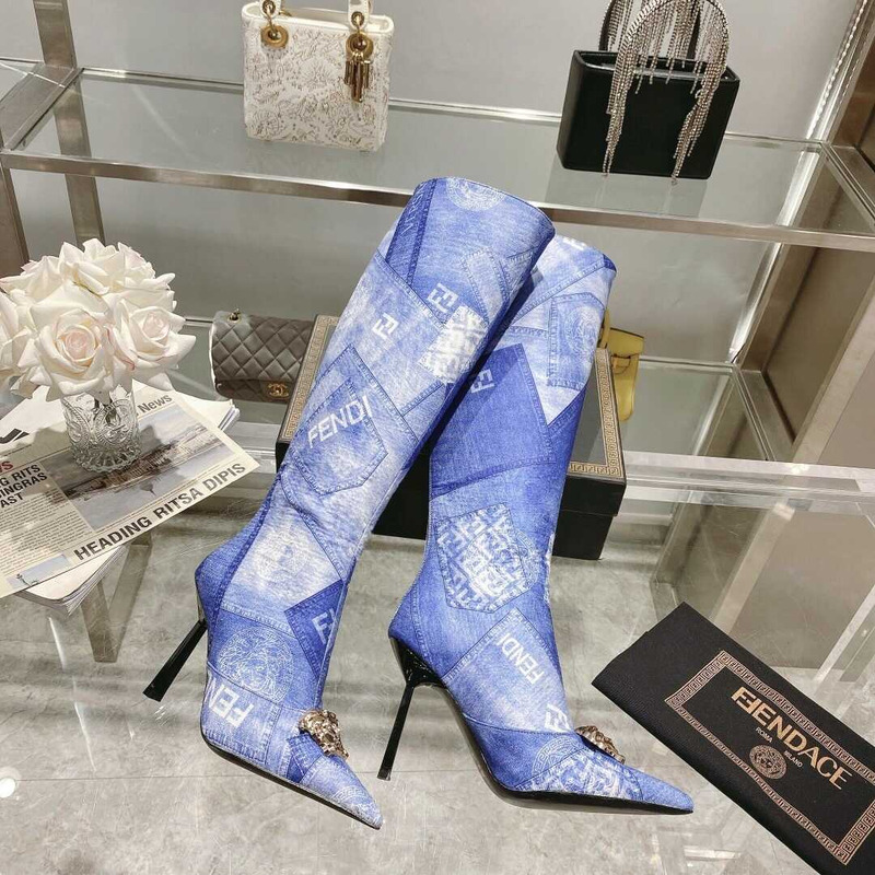 F**di fendace denim patchwork boots blue