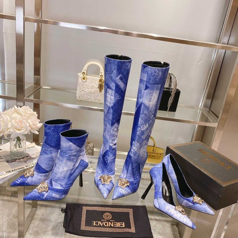 F**di fendace denim patchwork boots blue