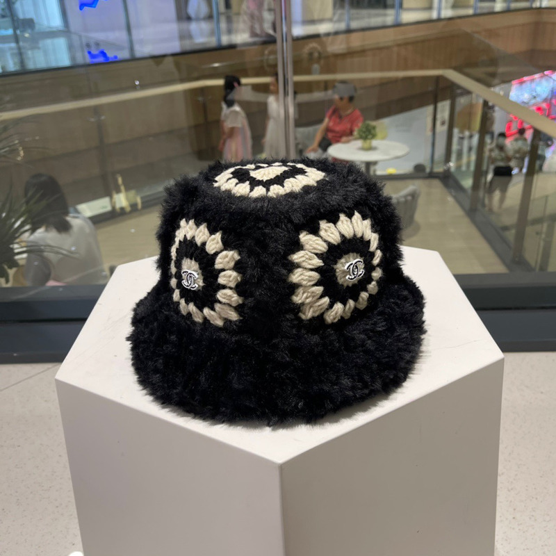 Ch*el knitted fur bucket cap black