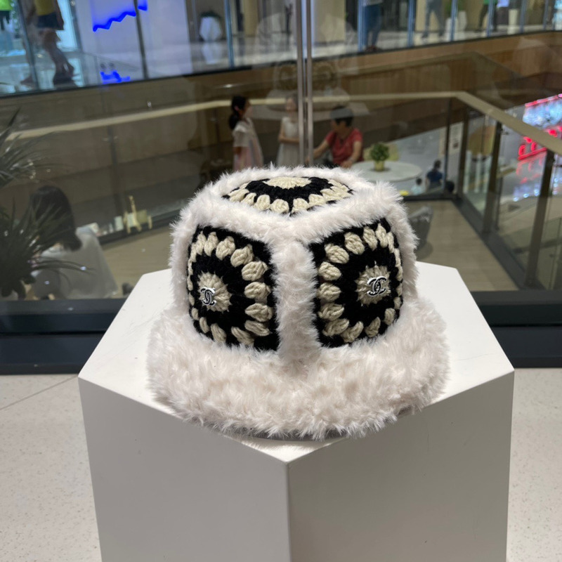 Ch*el knitted fur bucket cap white