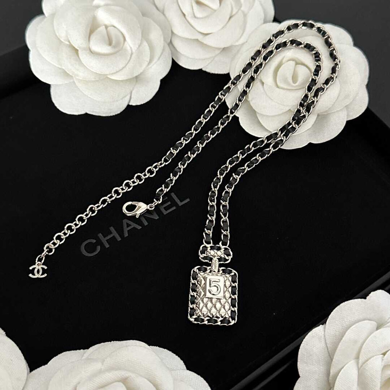 Ch*el leather and metal long pendant necklace