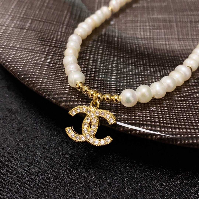 Ch*el cc crystal pearl necklace gold