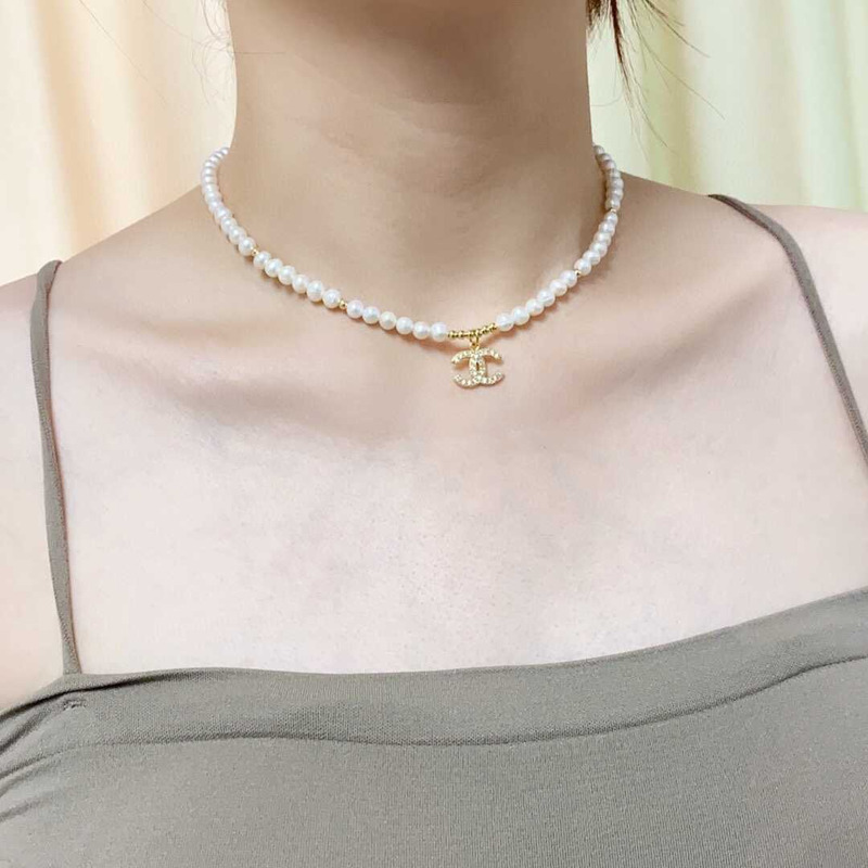 Ch*el cc crystal pearl necklace gold