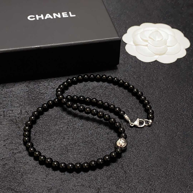 Ch*el beaded necklace black