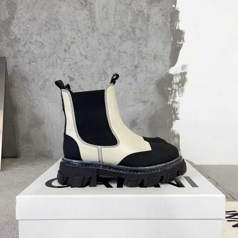 Ganni  Patchwork Pullover Leather Ankle Boots Black And White