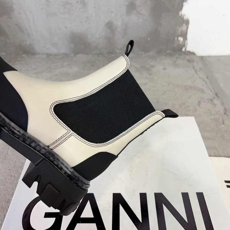 Ganni  Patchwork Pullover Leather Ankle Boots Black And White