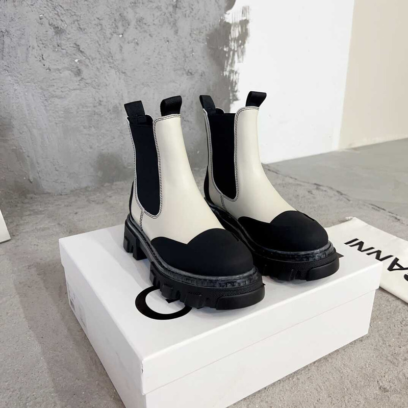 Ganni  Patchwork Pullover Leather Ankle Boots Black And White