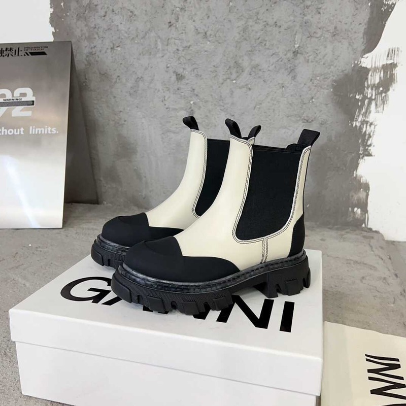 Ganni  Patchwork Pullover Leather Ankle Boots Black And White