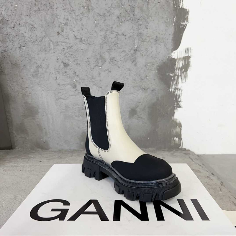 Ganni  Patchwork Pullover Leather Ankle Boots Black And White