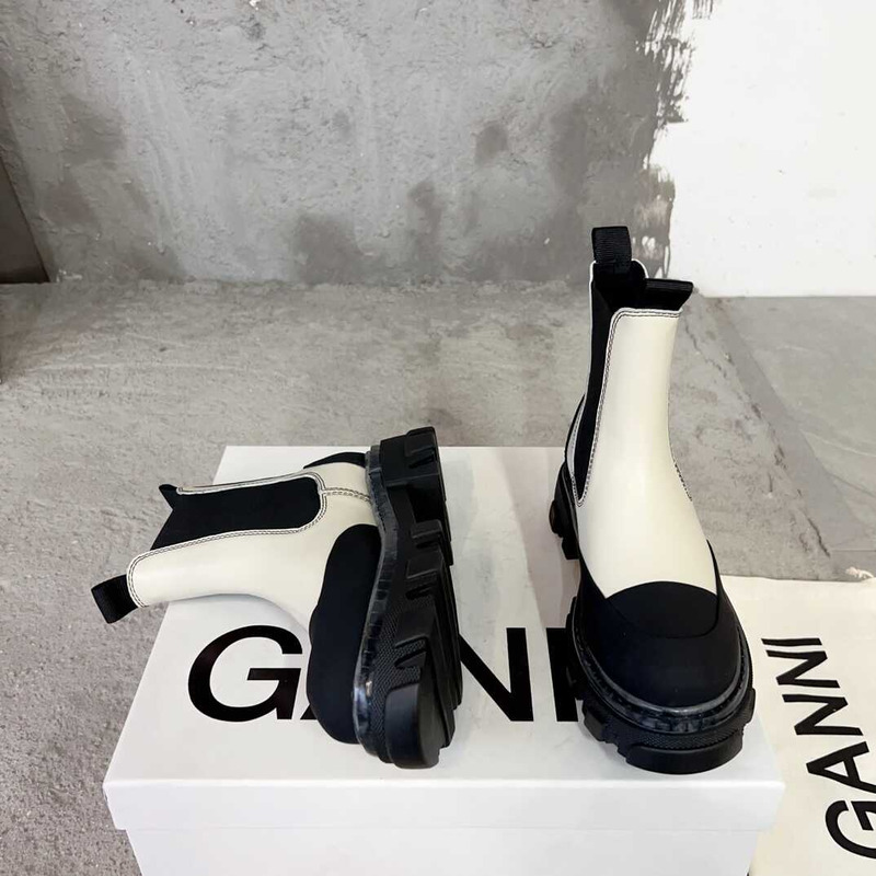 Ganni  Patchwork Pullover Leather Ankle Boots Black And White