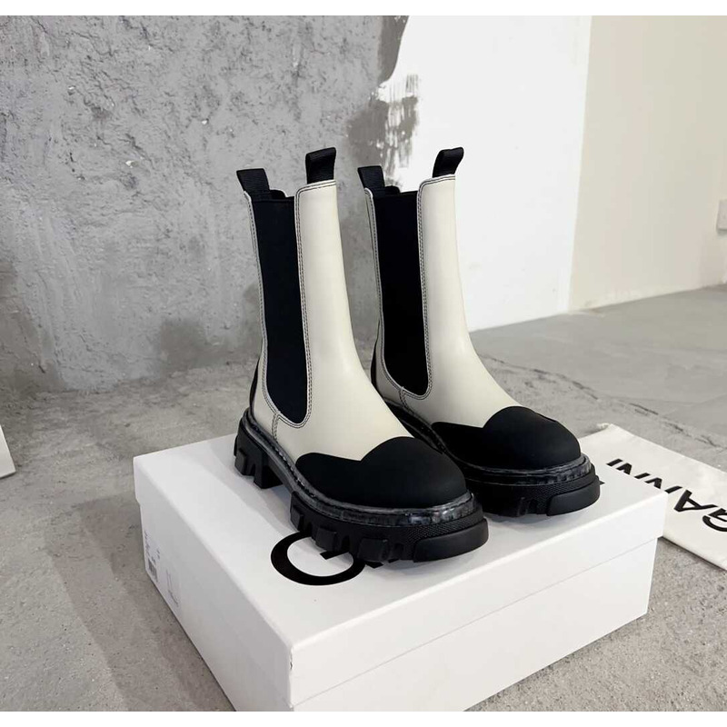 Ganni Cleated Mid Chelsea Boots White And Black